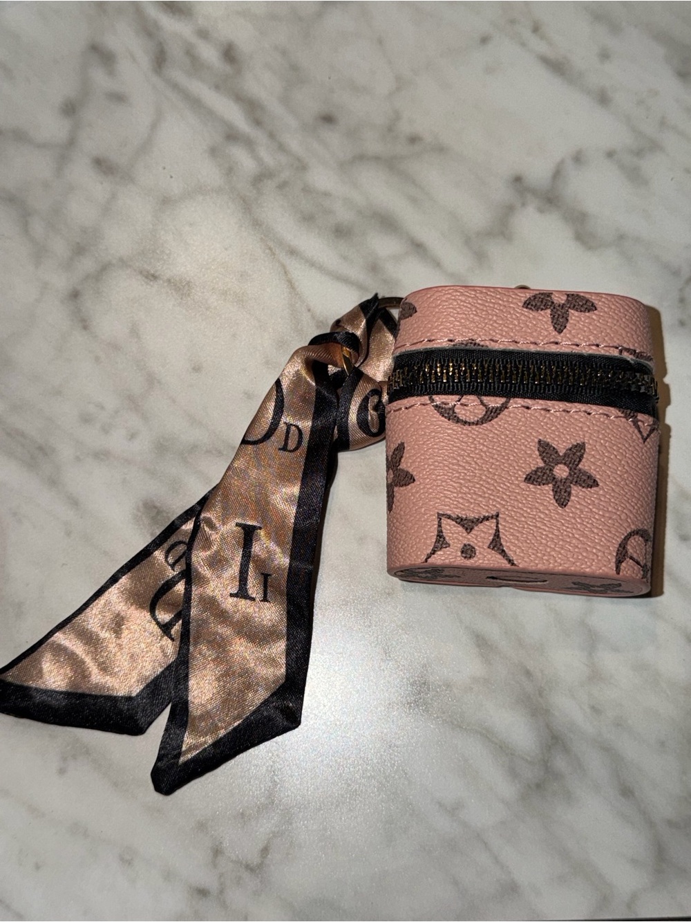Pink Monogram Pattern Leather AirPods Case with Silk Scarf Accent